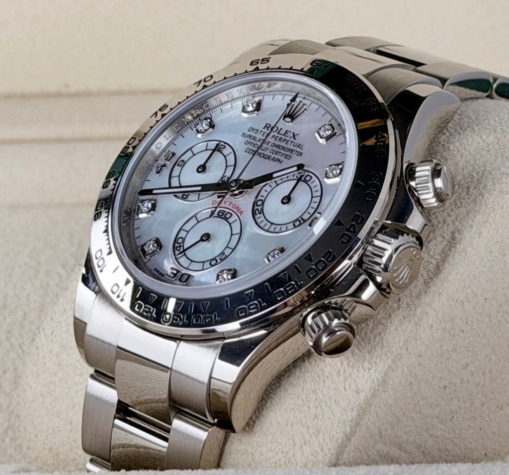 Rolex Daytona 18 Karat Weißgold, Baujahr 2019, Perlmuttzifferblatt, neuwertiger Zustand