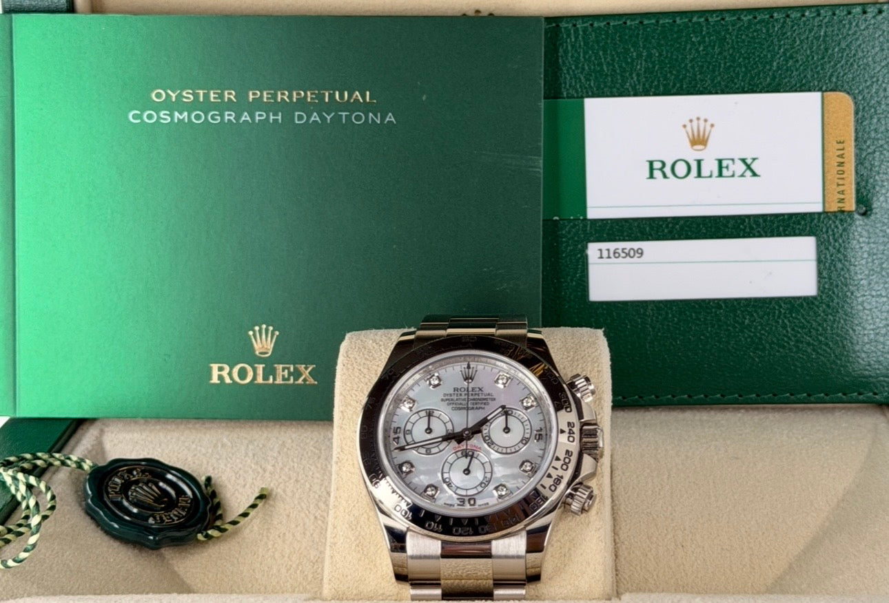 Rolex Daytona 18 Karat Weißgold, Baujahr 2019, Perlmuttzifferblatt, neuwertiger Zustand