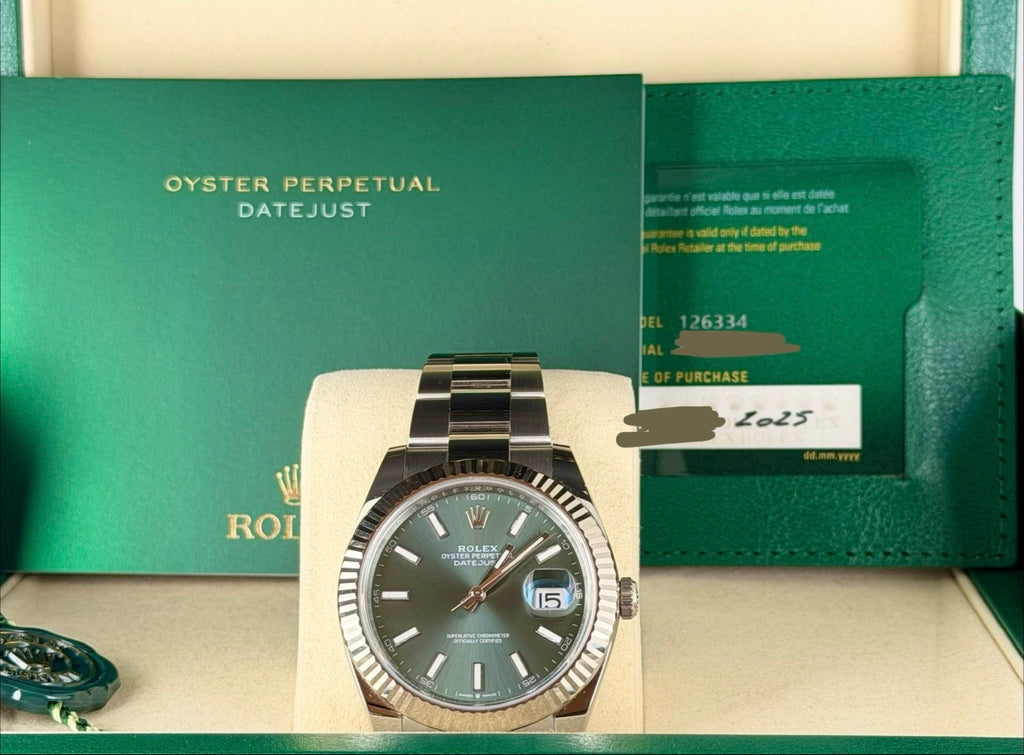 Rolex Datejust Automatik, grünes Zifferblatt, 18 Karat, Herrenuhr, Full Set, neuwertig