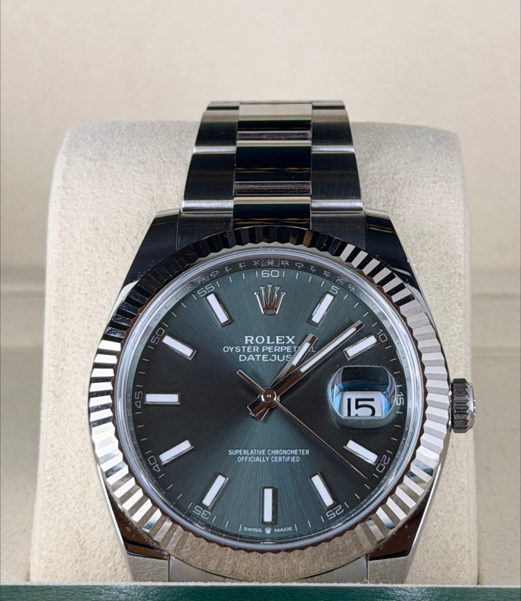 Rolex Datejust Automatik, grünes Zifferblatt, 18 Karat, Herrenuhr, Full Set, neuwertig