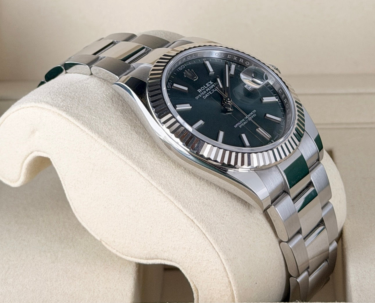 Rolex Datejust Automatik, grünes Zifferblatt, 18 Karat, Herrenuhr, Full Set, neuwertig