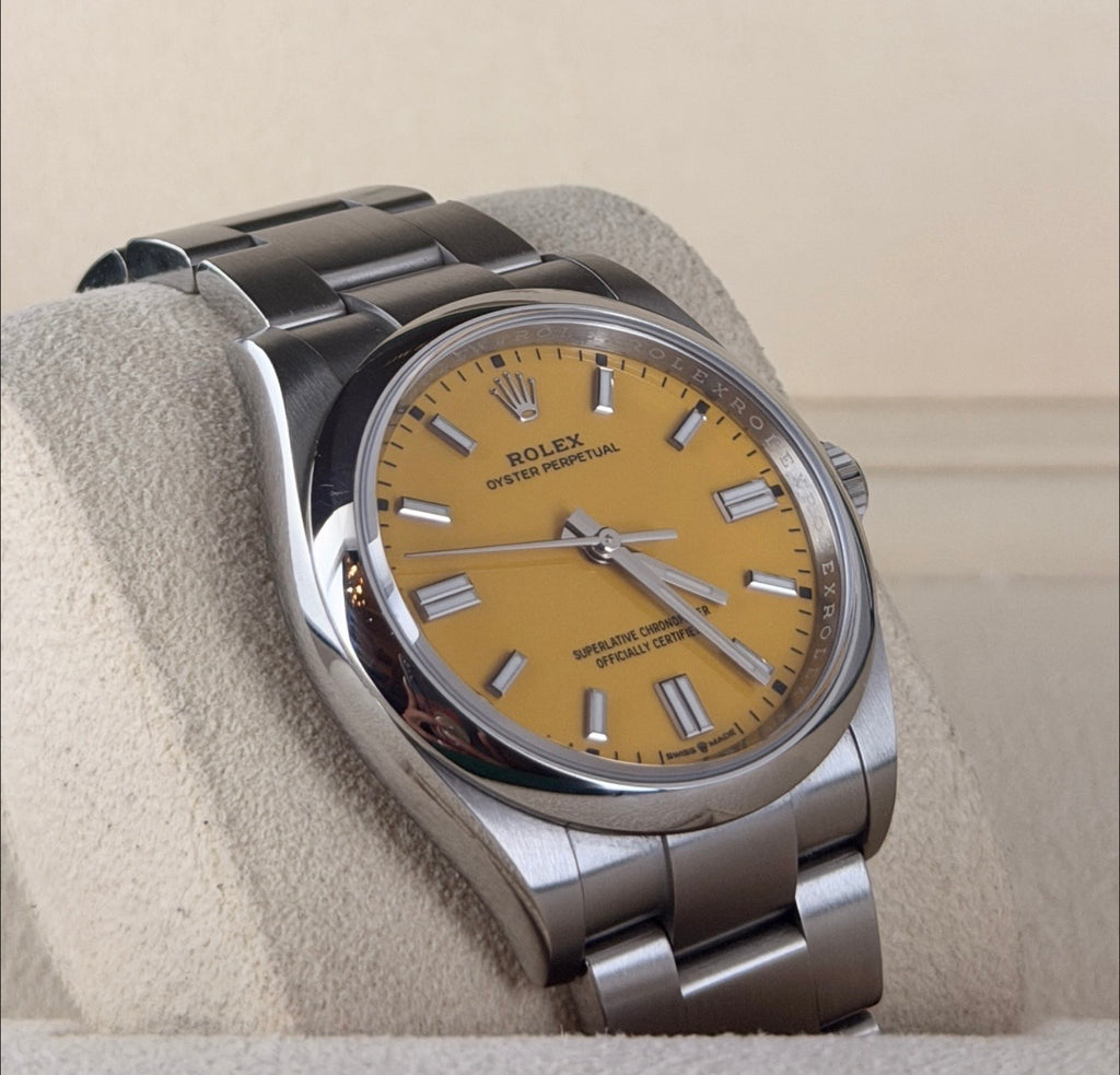 Rolex Oyster Perpetual 36 Gelb Discontinued Born Yellow Box and Papers