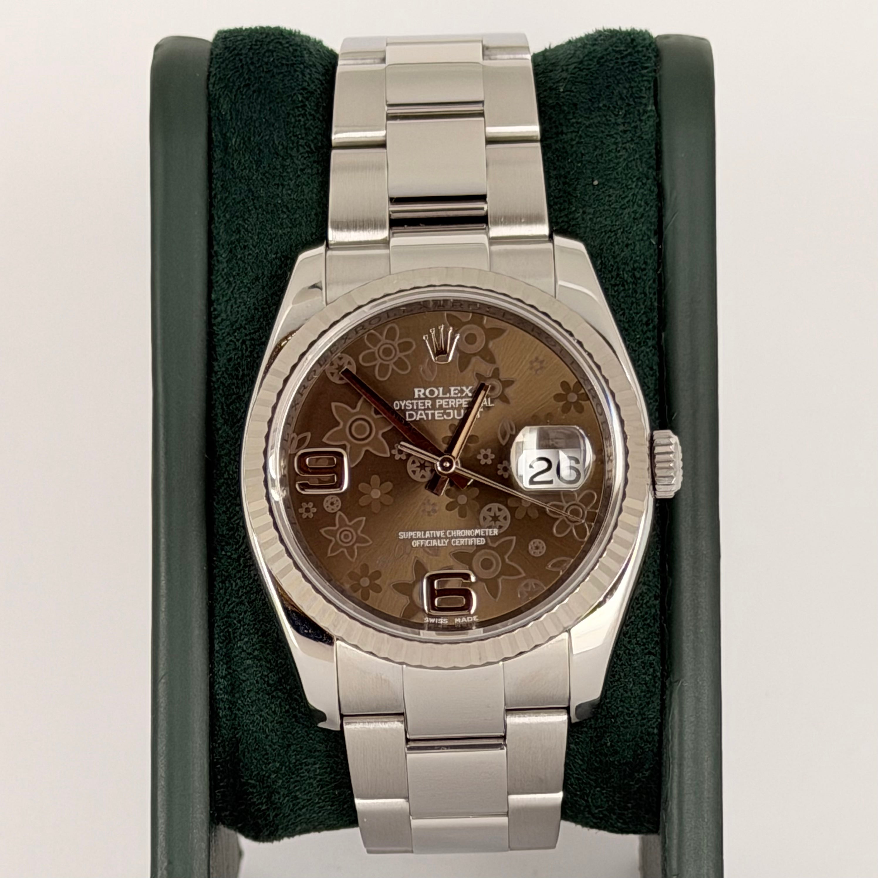 Rolex Datejust 36 Blumenzifferblatt, Lünette aus 18K Weißgold