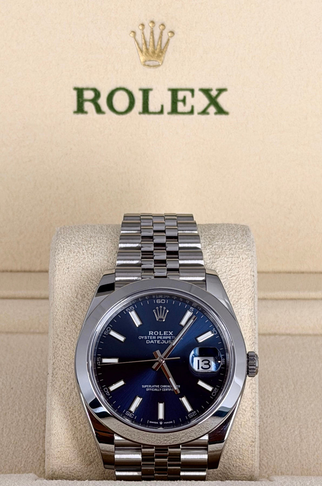 Rolex Datejust 41 Blaues Zifferblatt mit Stabindizes, Jubilee-Armband, Full Set 2020
