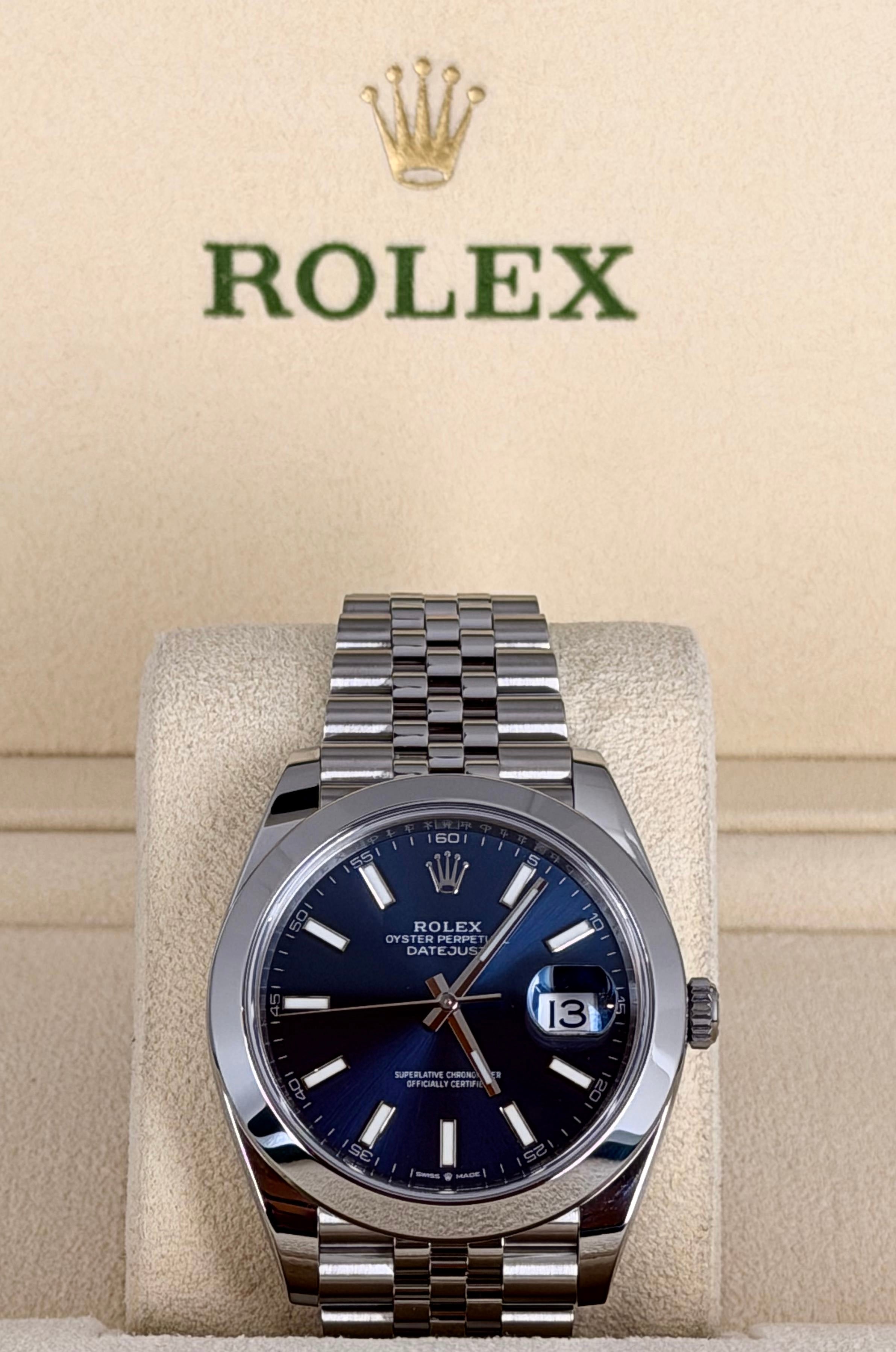 Rolex Datejust 41 Blaues Zifferblatt mit Stabindizes, Jubilee-Armband, Full Set 2020