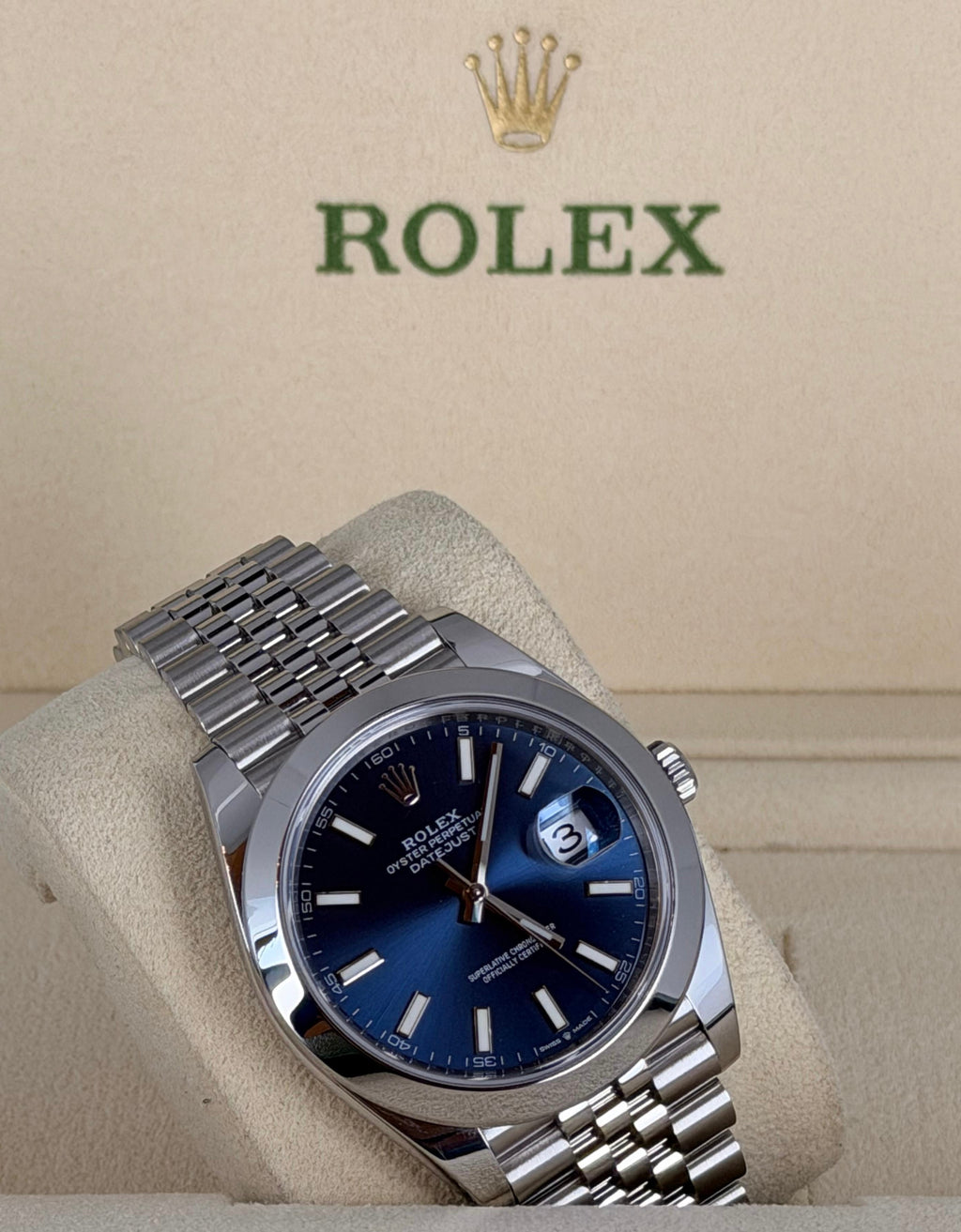 Rolex Datejust 41 Blaues Zifferblatt mit Stabindizes, Jubilee-Armband, Full Set 2020