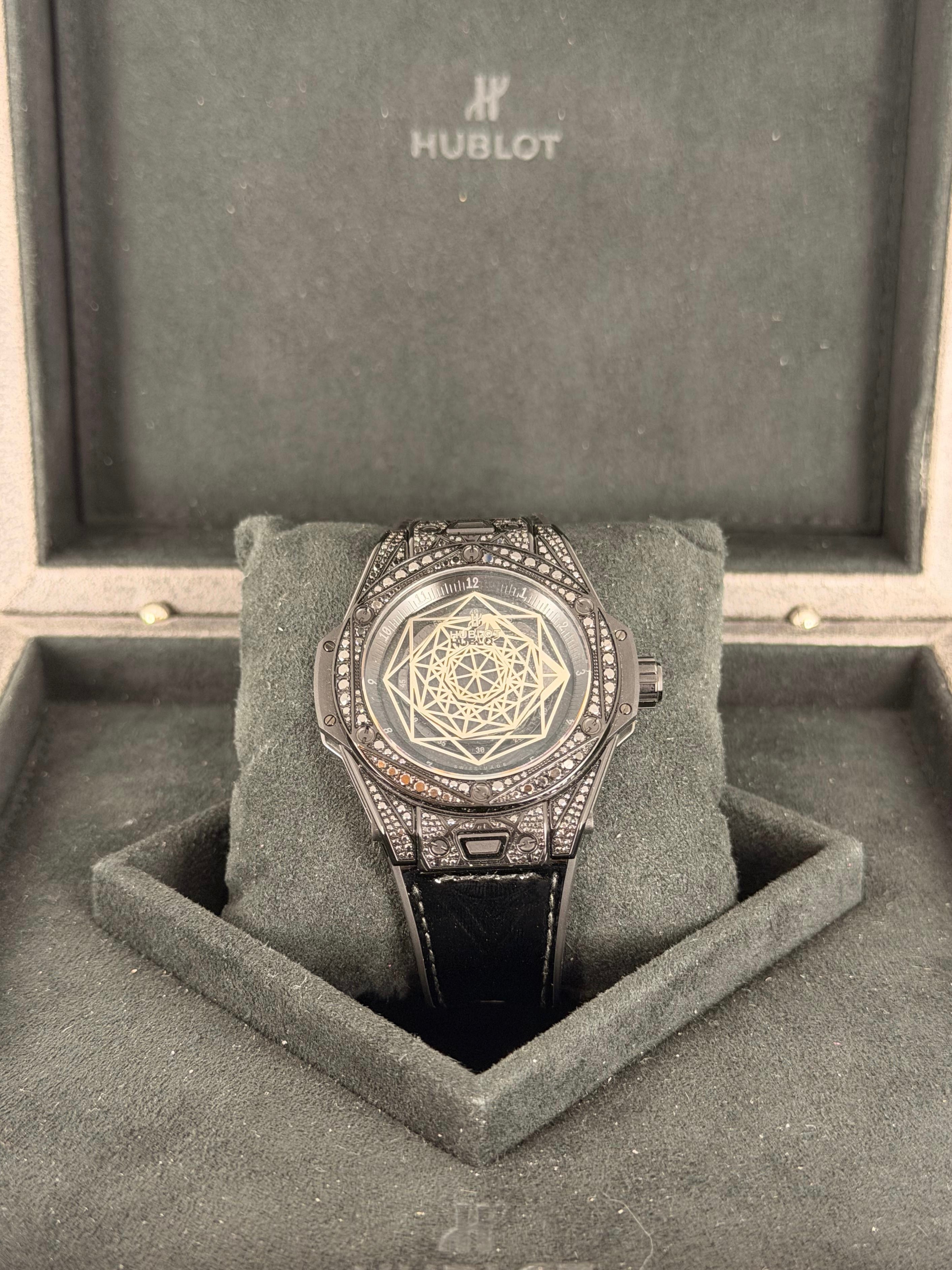 Hublot Big Bang Sang Bleu All Black Big Pavé Full Set wie neu mit werkseitigen Diamanten, SET, selten