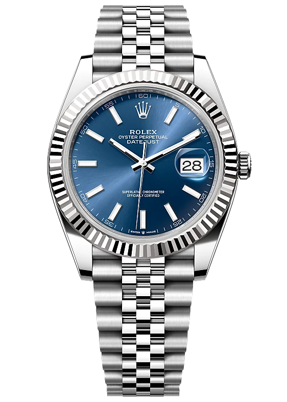 Rolex Datejust 41 blaues Zifferblatt mit Stabindizes, 2020, neue Karte, neuwertiger Zustand, Jubilee-Armband, Weißgold-Lünette