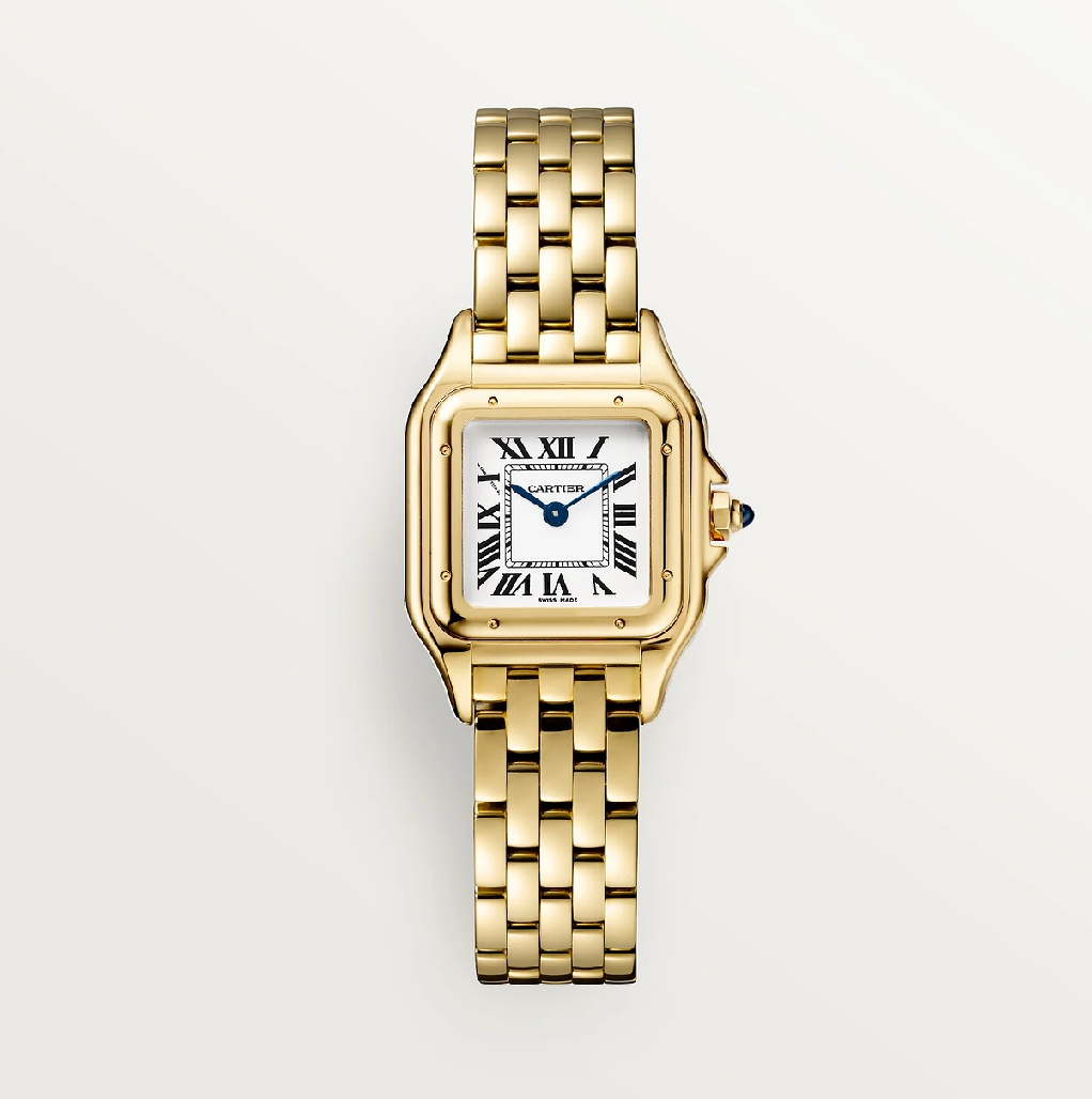 Cartier Panthère SM aus 750 Gelbgold – klassisches weißes Zifferblatt mit blauer Saphirkrone