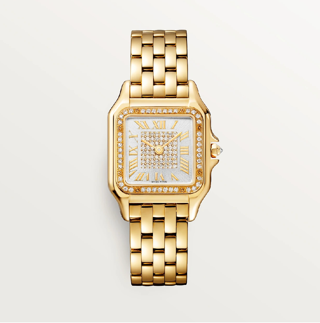 Cartier Panthère Medium aus Gelbgold mit pavé-besetztem Diamantzifferblatt und Diamantlünette – 104 werkseitig gefasste Diamanten