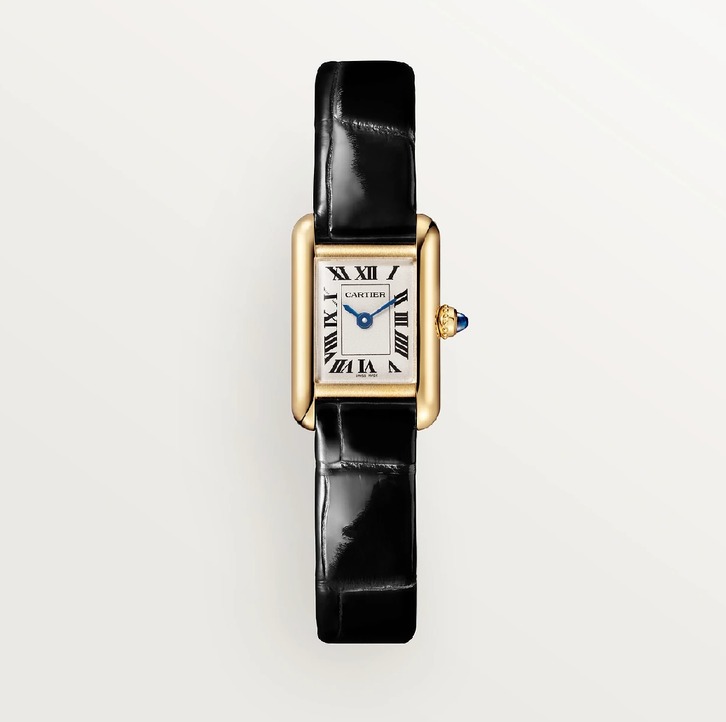 Cartier Tank Louis Mini Uhr – 750 Gelbgold, Quarz, schwarzes Alligatorlederarmband, silbernes Zifferblatt