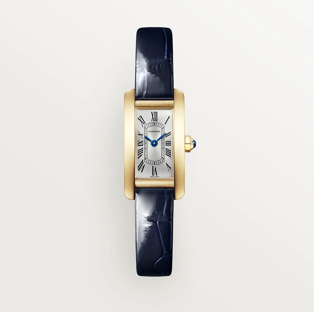 Cartier Tank Américaine Mini Uhr – 750 Gelbgold, Quarz, Marineblaues Alligatorlederarmband, Silbernes Sonnenschliff-Zifferblatt