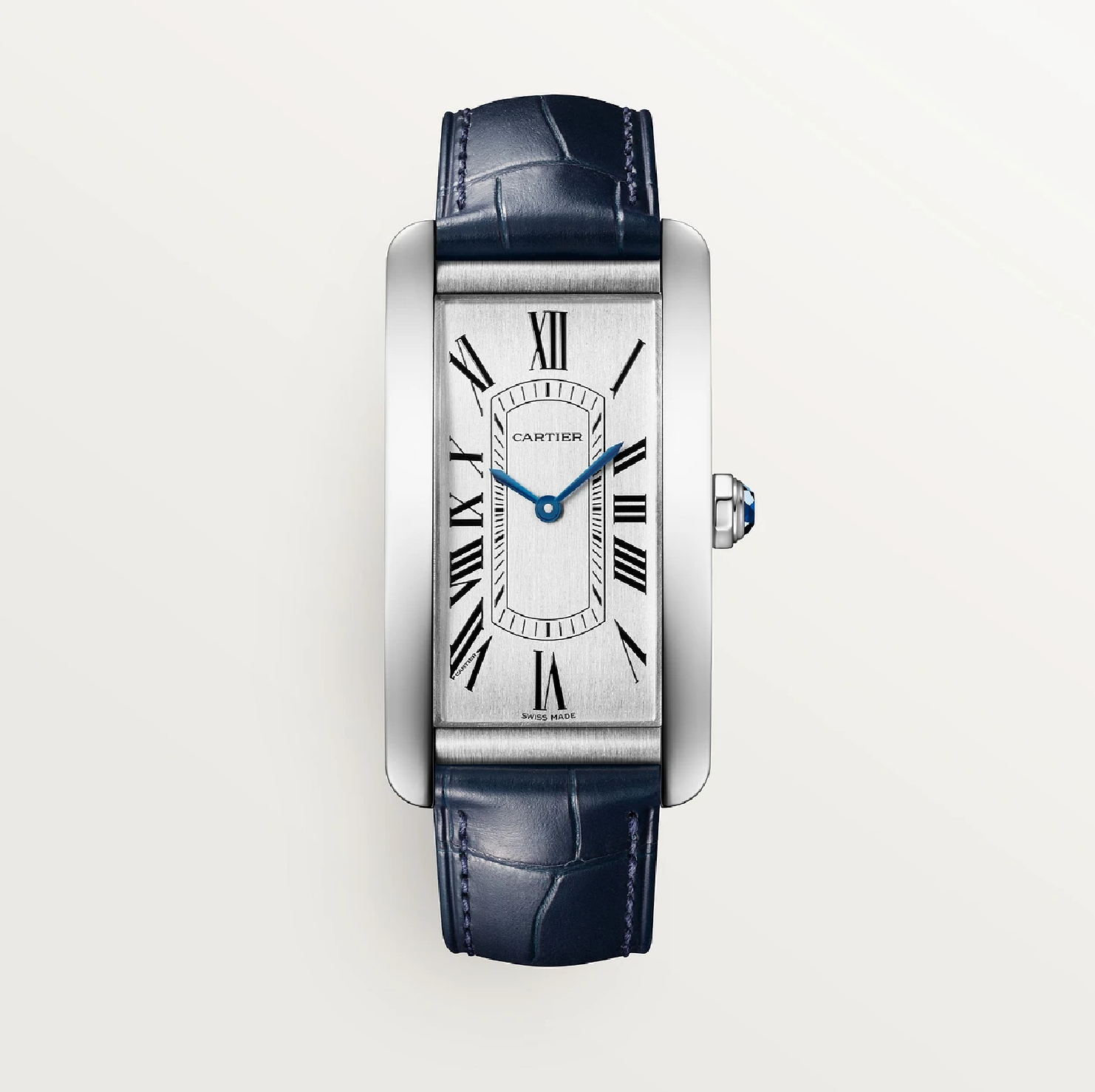 Cartier Tank Américaine Large – Automatik Edelstahl, Silbernes Zifferblatt, Blaues Lederarmband