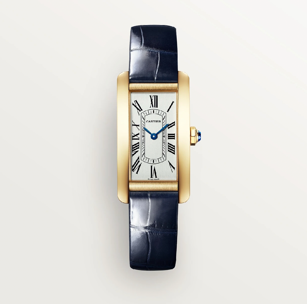 Cartier Tank Américaine Small Modell Quarz 750 Gelbgold Blaues Lederarmband