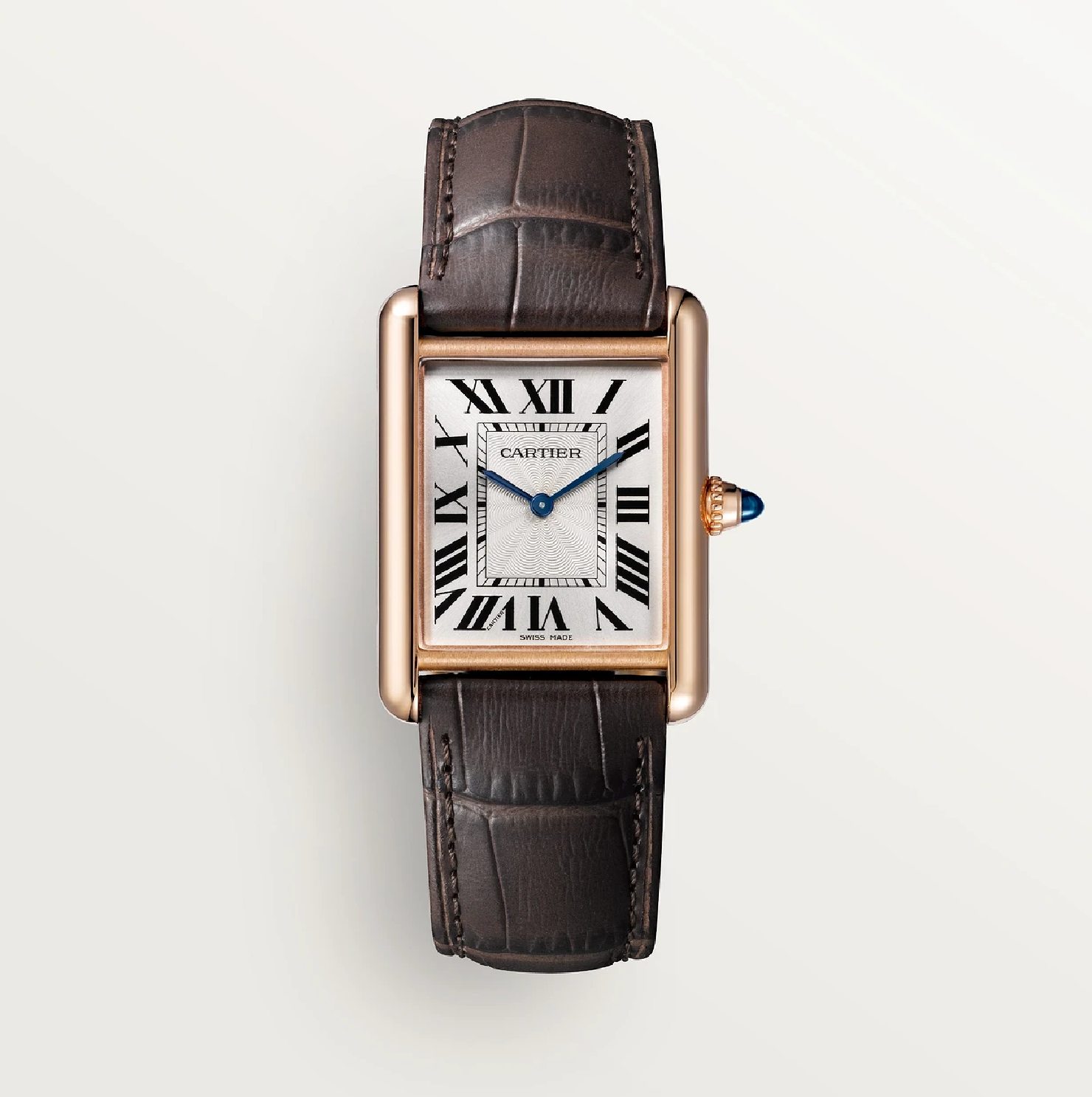 Cartier Tank Louis Cartier Small 750 Gelbgold Silbernes Zifferblatt Quarz (Braunes Lederarmband)