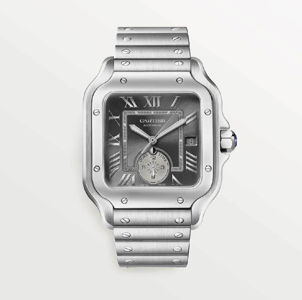 Santos de Cartier Dualzeit Großes Modell 40 mm Stahl Automatik anthrazitfarbenes Zifferblatt