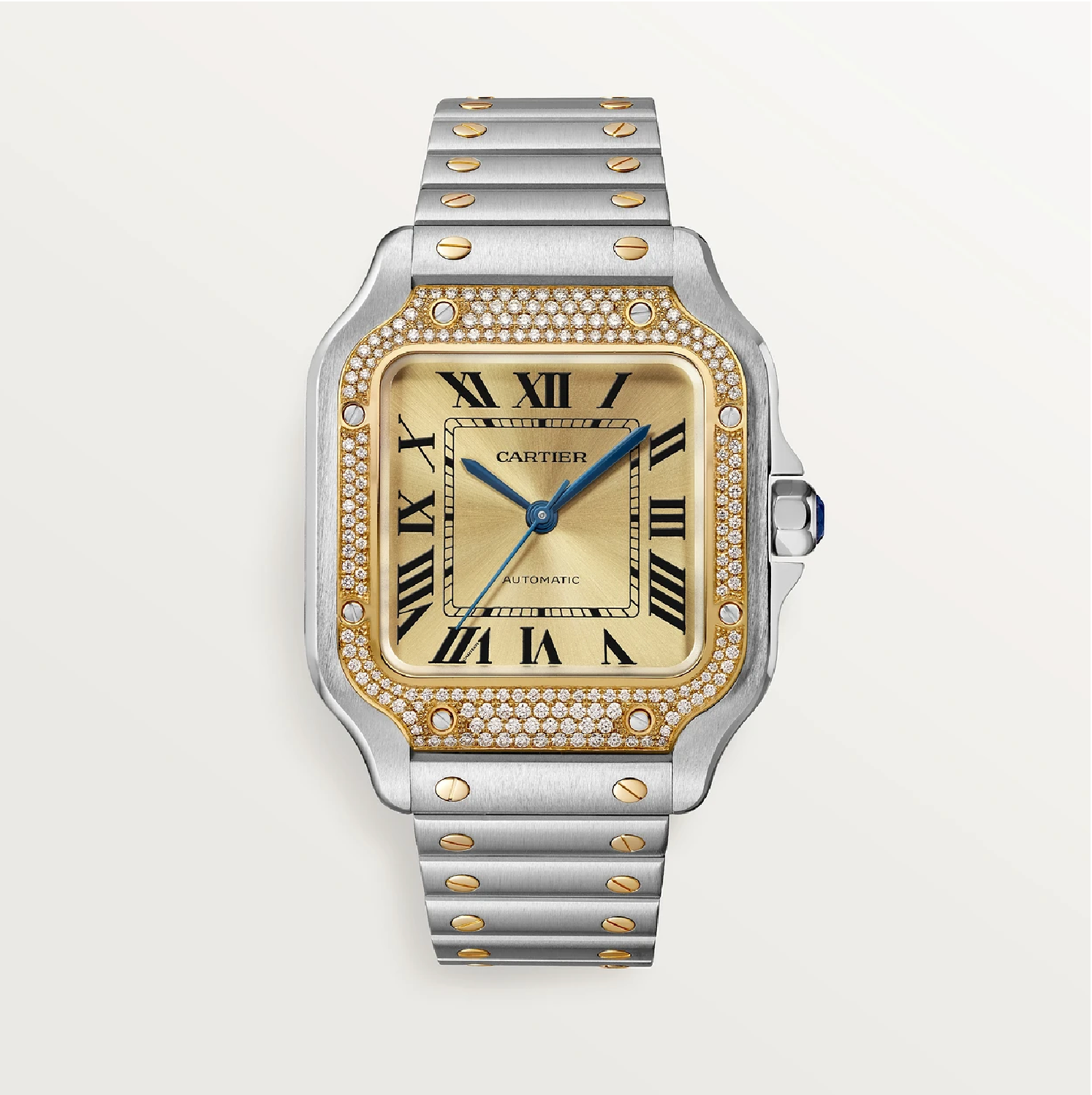 Santos de Cartier Mittleres Modell Bicolor Diamantlünette Automatik Uhr