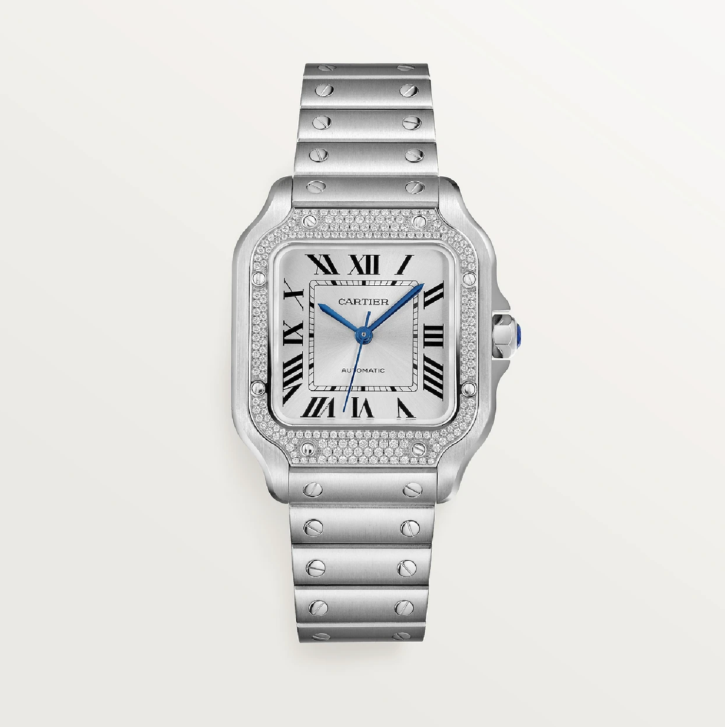 Santos de Cartier Mittleres Modell Stahl & Diamantlünette Automatik Uhr