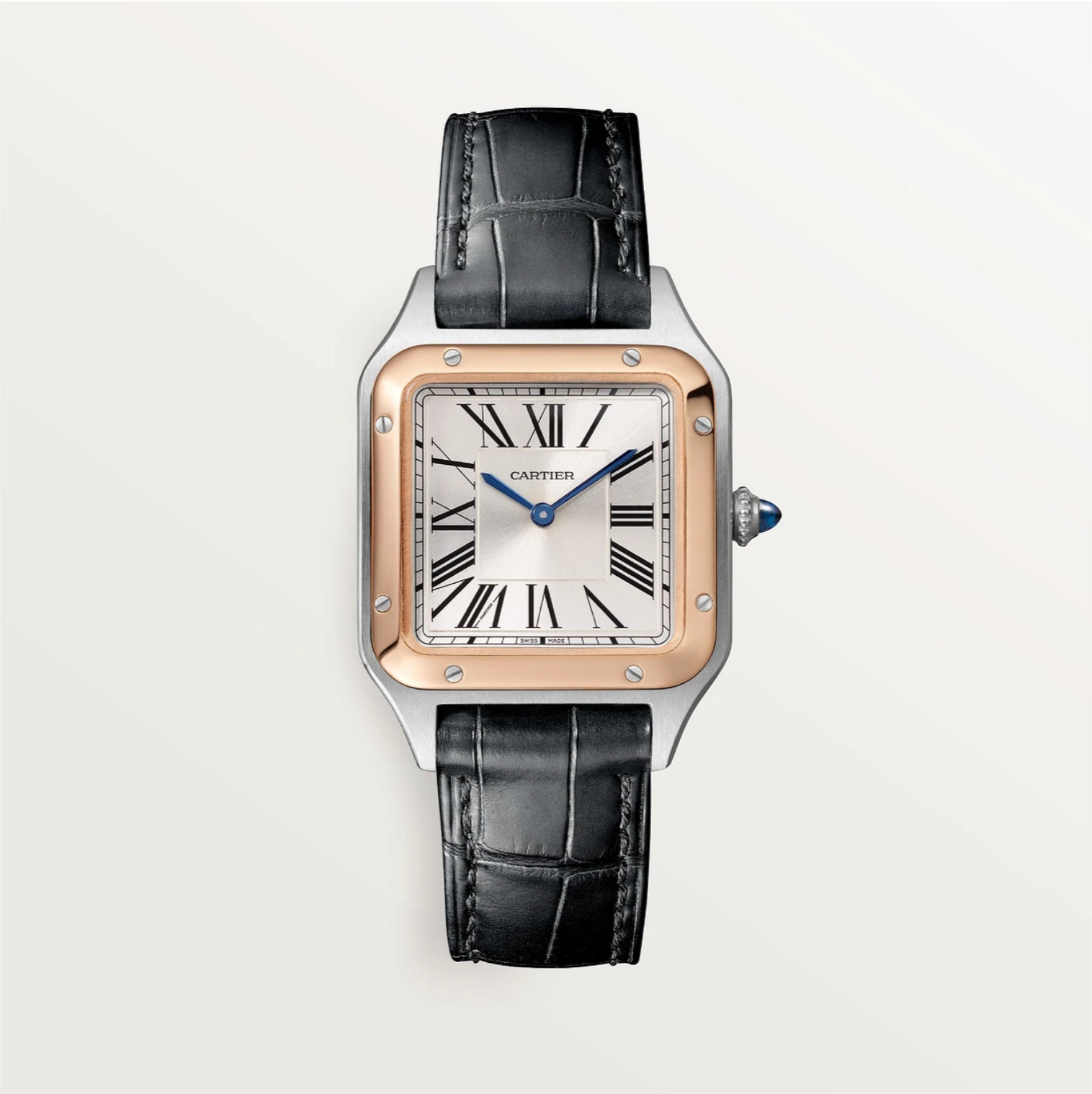 Santos-Dumont Uhr Kleines Modell Stahl/Roségold Schwarzes Alligatorleder