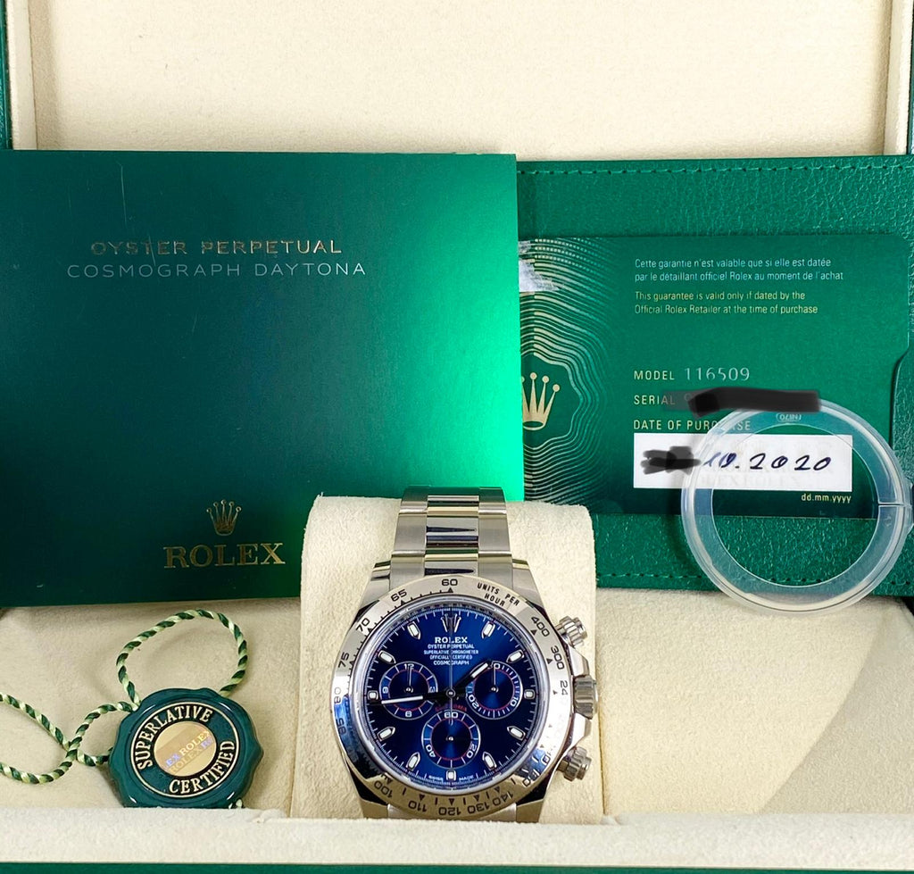 Rolex Daytona Weißgold 2020, neue Karte, blaues Zifferblatt, Full Set 116509