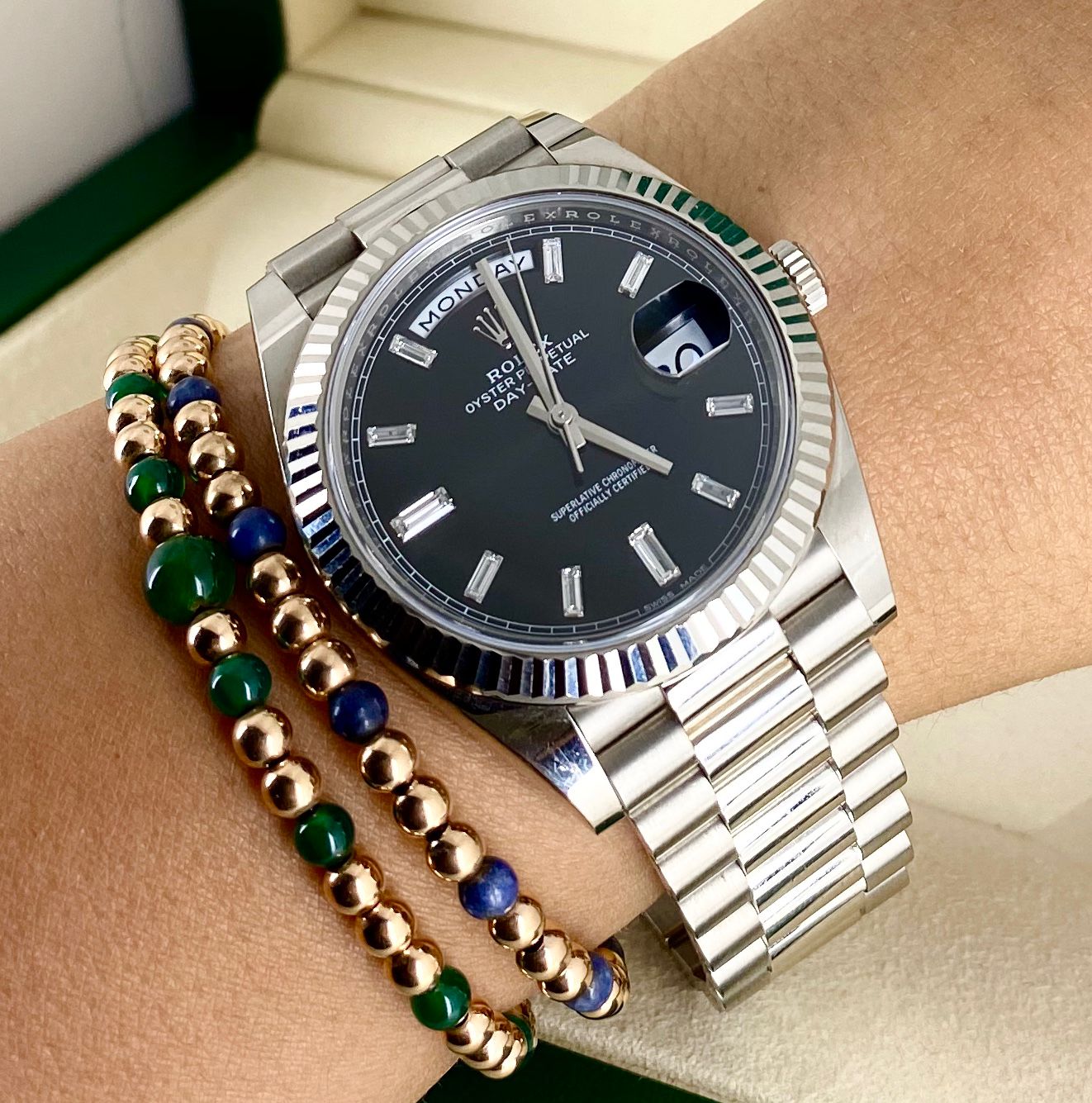 Rolex Day-Date 40, Weißgold, mit Box und Papieren