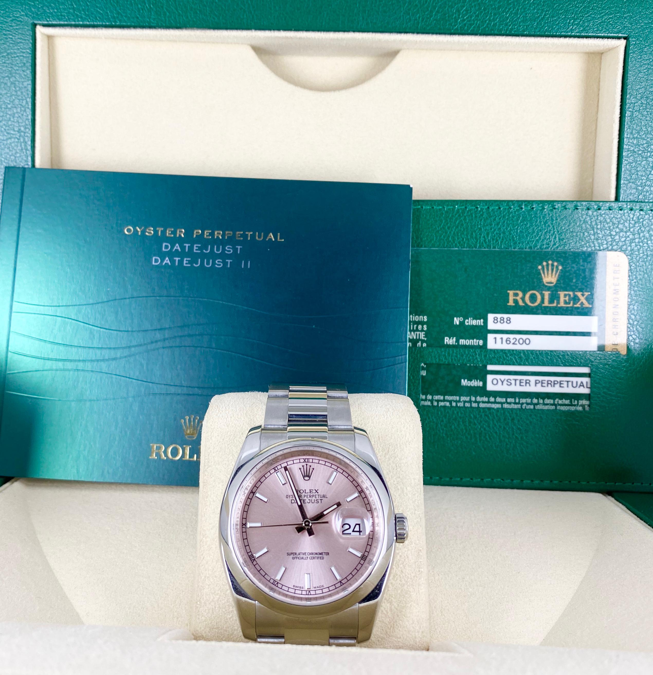 Rolex Datejust 36, rosa Zifferblatt, mit Box und Papieren