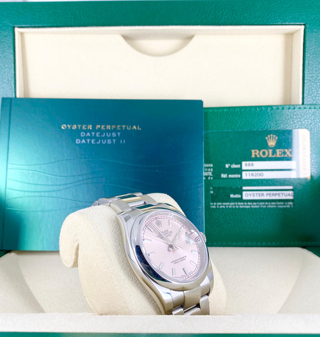 Rolex Datejust 36, rosa Zifferblatt, mit Box und Papieren