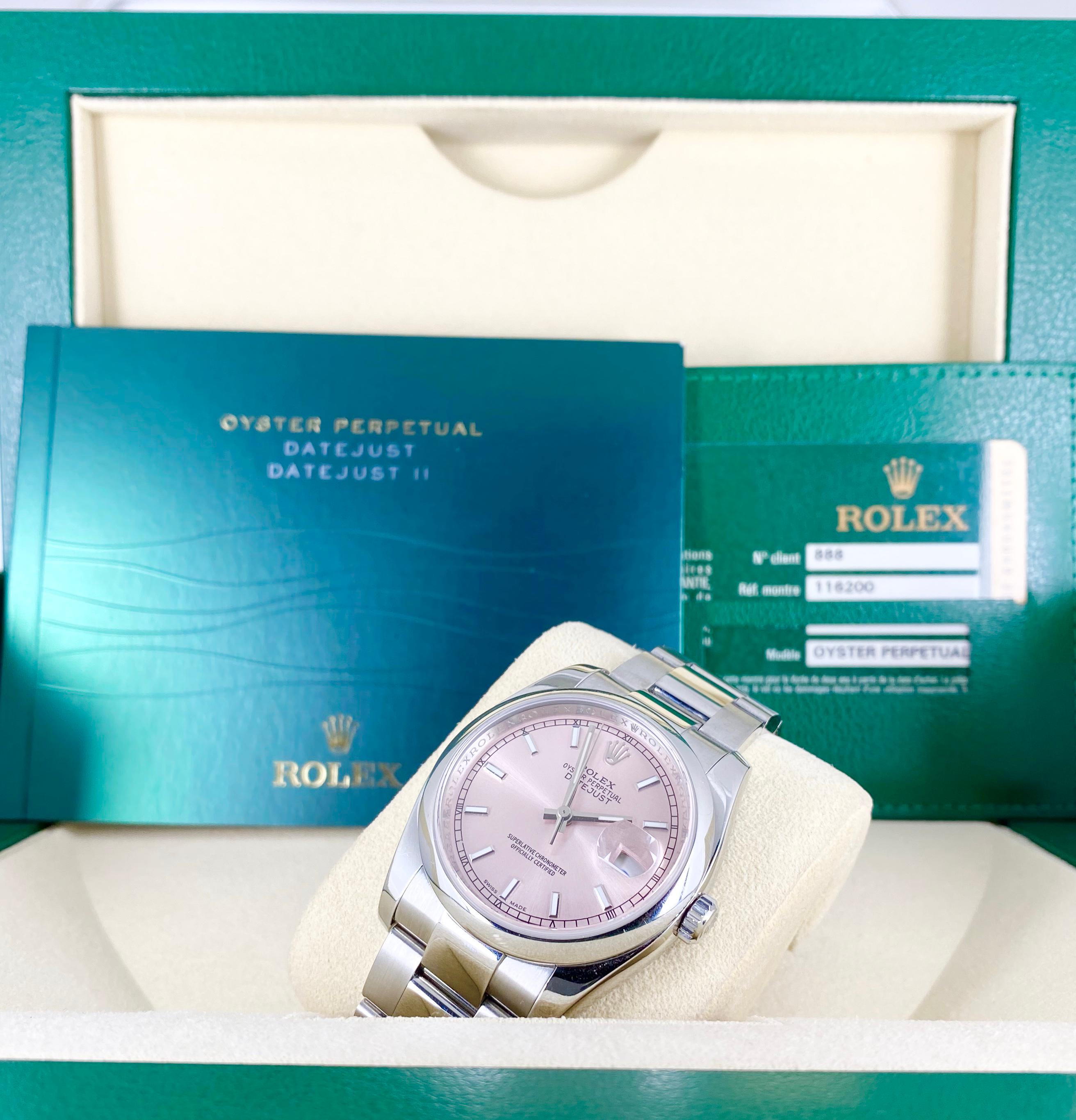 Rolex Datejust 36, rosa Zifferblatt, mit Box und Papieren
