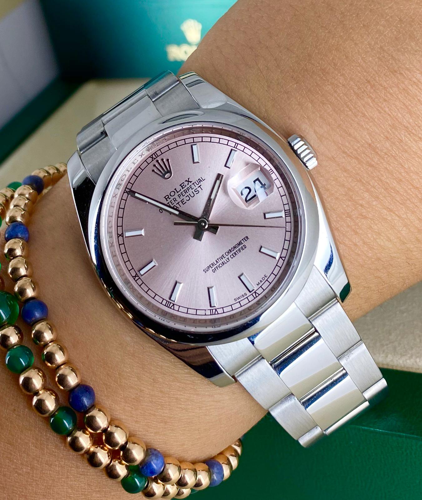 Rolex Datejust 36, rosa Zifferblatt, mit Box und Papieren