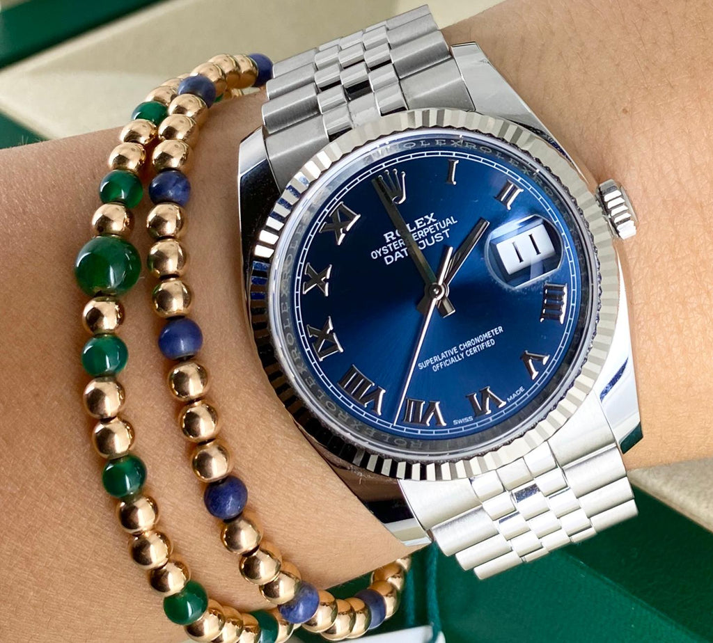 Rolex Datejust 36, blaues Zifferblatt, römische Ziffern, mit Box und Papieren