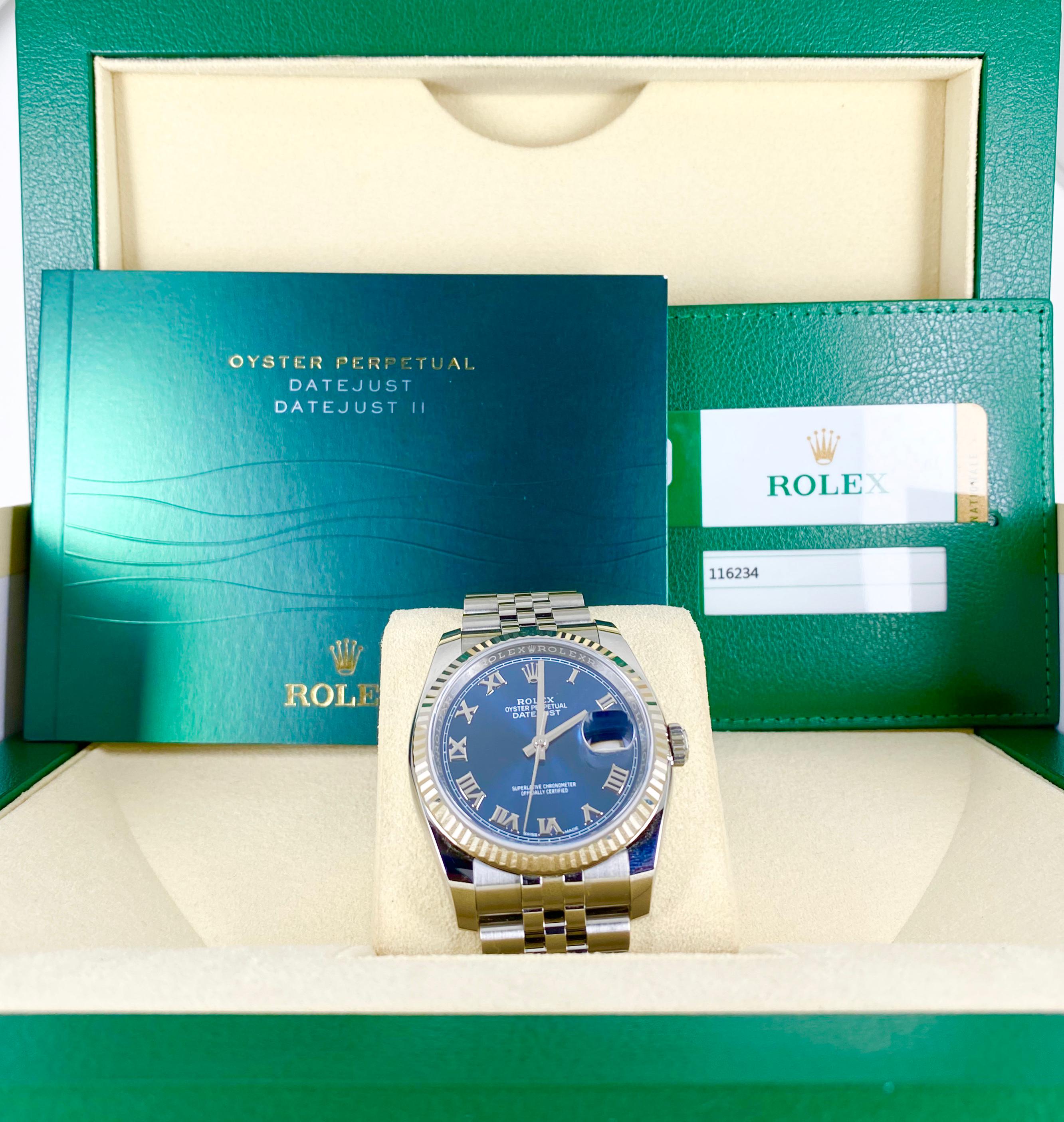 Rolex Datejust 36, blaues Zifferblatt, römische Ziffern, mit Box und Papieren