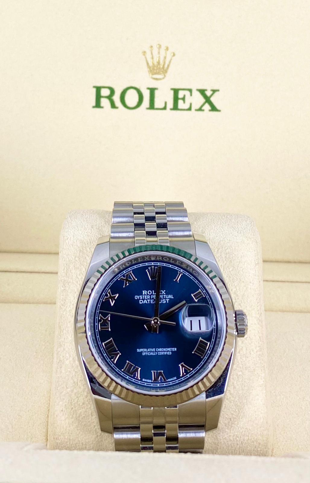Rolex Datejust 36, blaues Zifferblatt, römische Ziffern, mit Box und Papieren