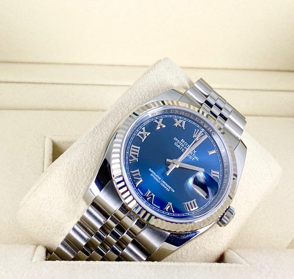 Rolex Datejust 36, blaues Zifferblatt, römische Ziffern, mit Box und Papieren