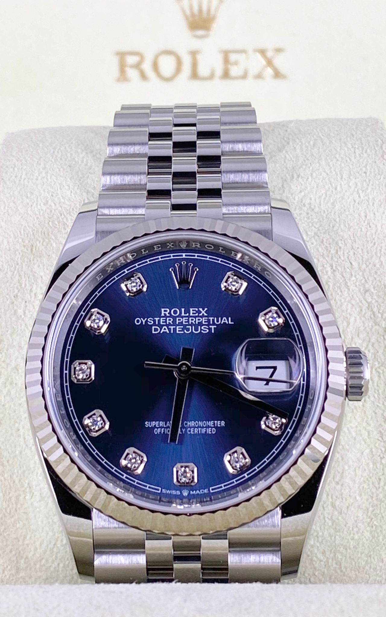 Rolex Datejust 36, Blaues Zifferblatt mit Diamanten, vollständiges Set, 2020