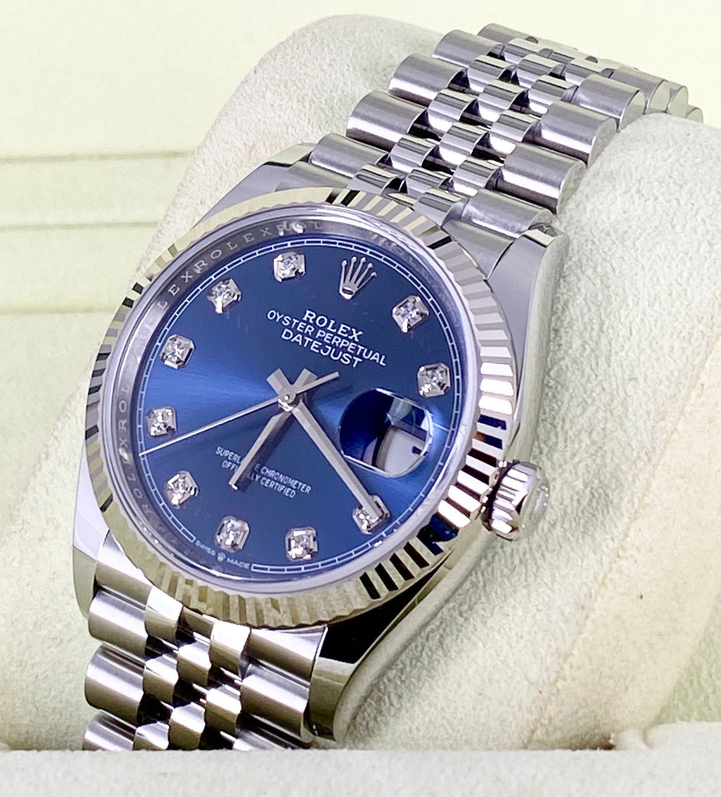 Rolex Datejust 36, Blaues Zifferblatt mit Diamanten, vollständiges Set, 2020
