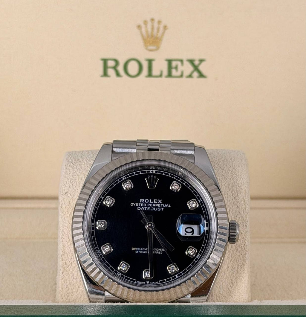Rolex Datejust 41 Diamant-Zifferblatt mit Jubilé-Armband, 18k Weißgoldlünette, Komplettset