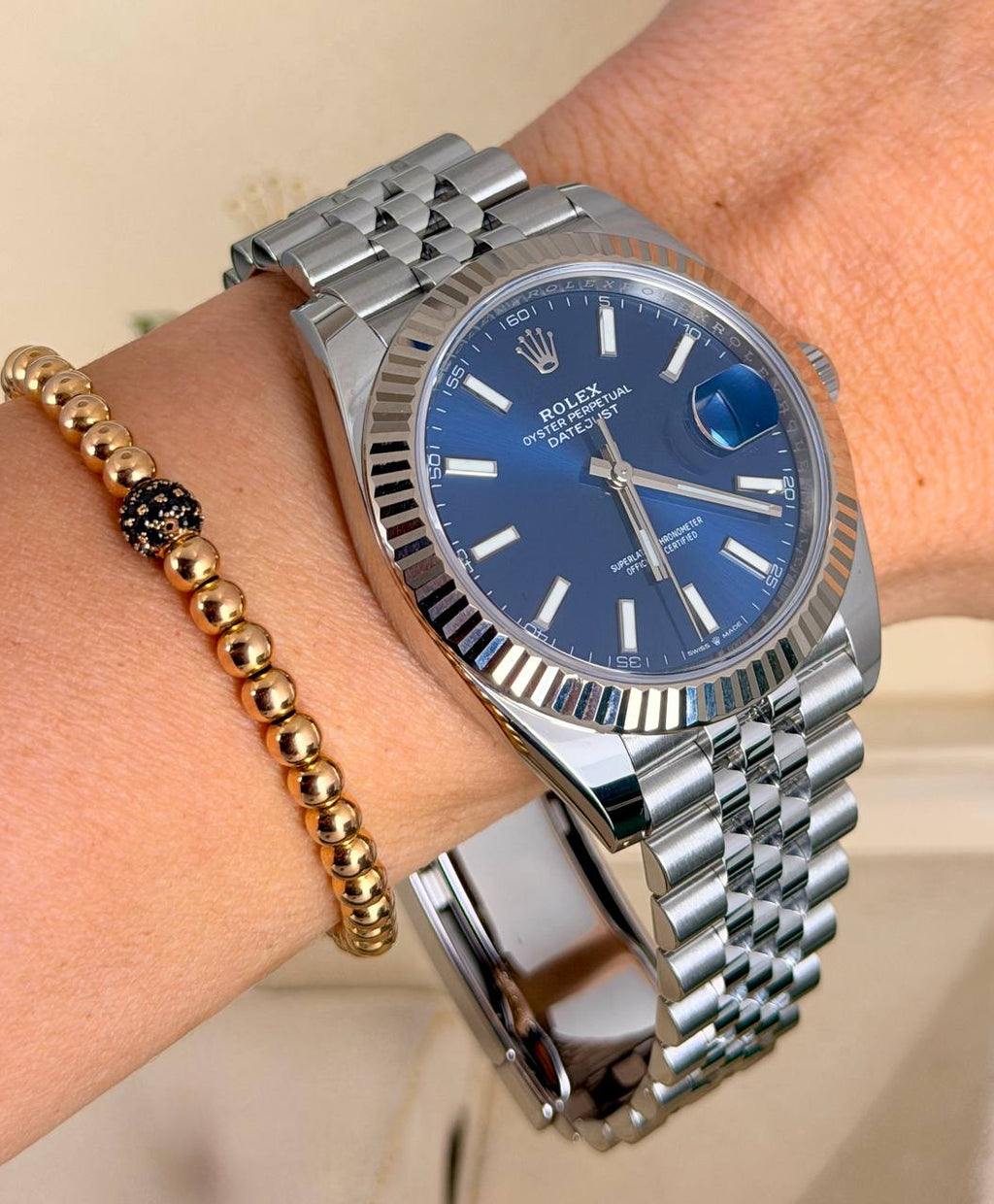 Rolex Datejust 41 blaues Zifferblatt mit Stabindizes, 2020, neue Karte, neuwertiger Zustand, Jubilee-Armband, Weißgold-Lünette