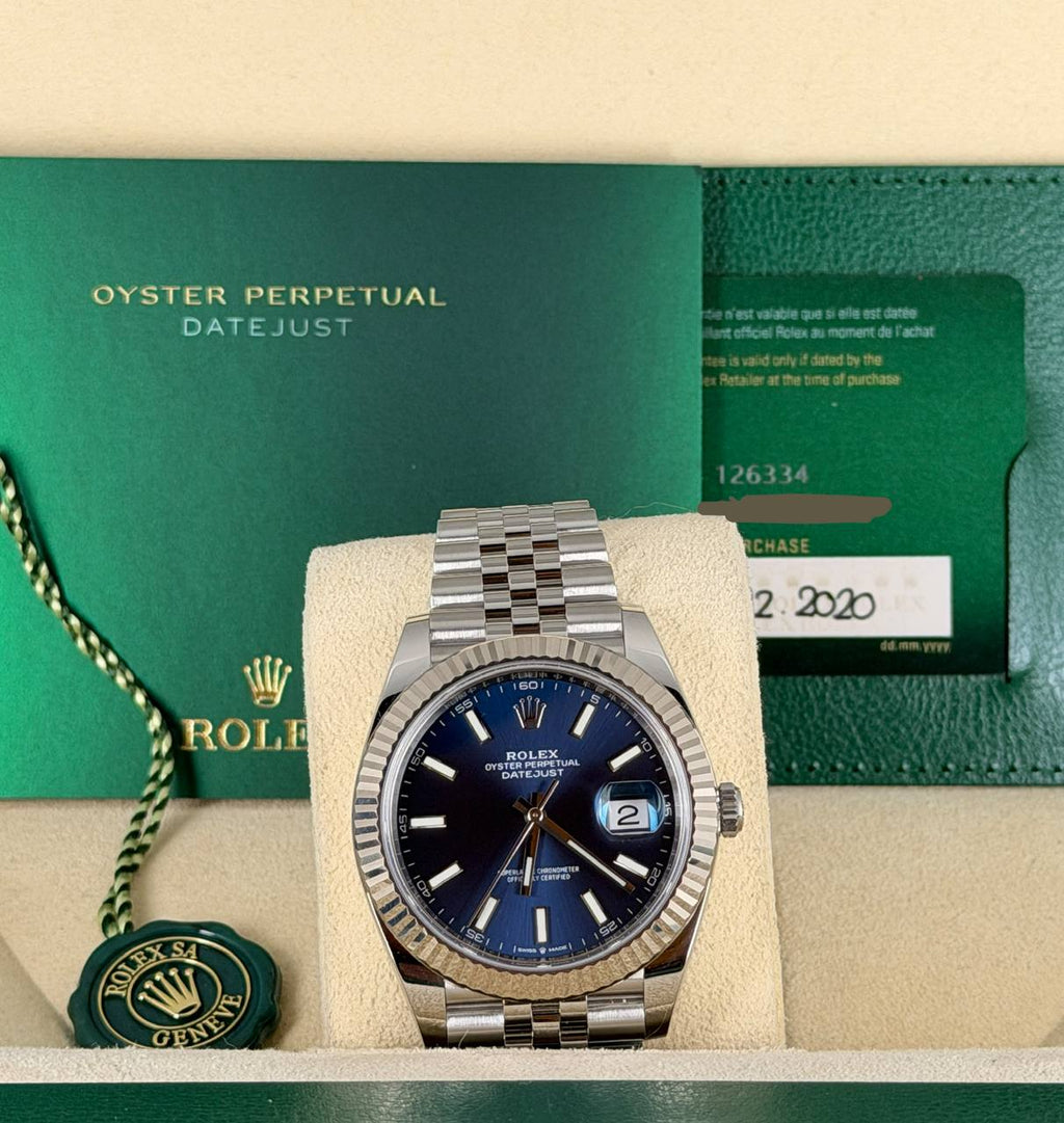 Rolex Datejust 41 blaues Zifferblatt mit Stabindizes, 2020, neue Karte, neuwertiger Zustand, Jubilee-Armband, Weißgold-Lünette