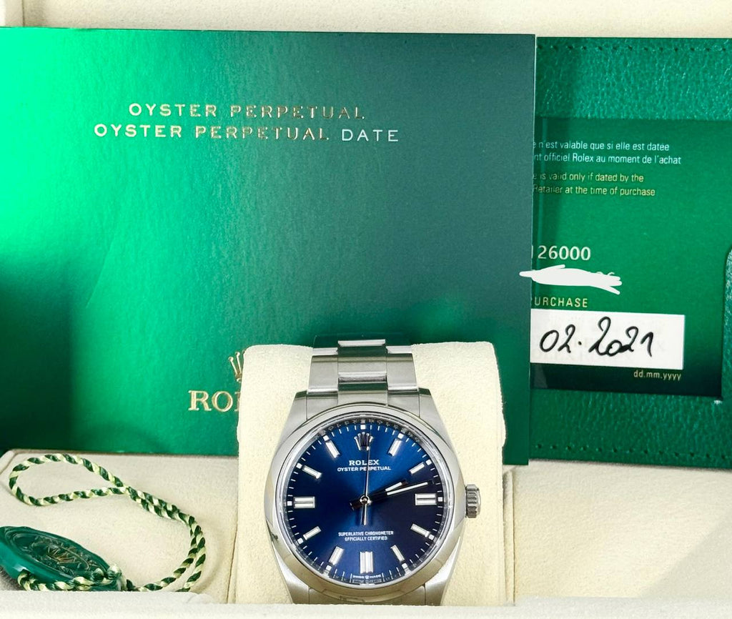 Rolex Oyster Perpetual 36, blaues Zifferblatt 2021, wie neu