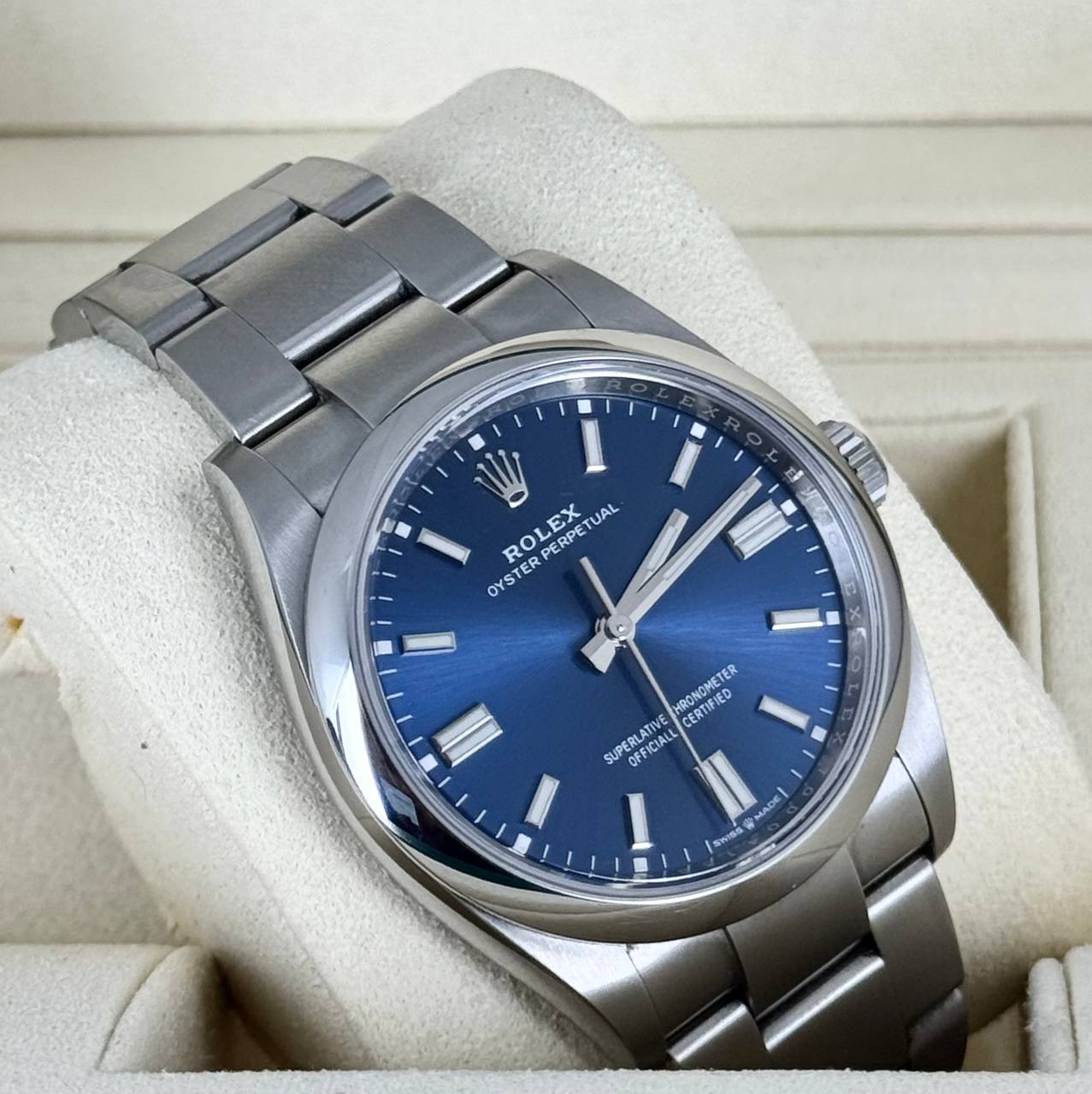 Rolex Oyster Perpetual 36, blaues Zifferblatt 2021, wie neu